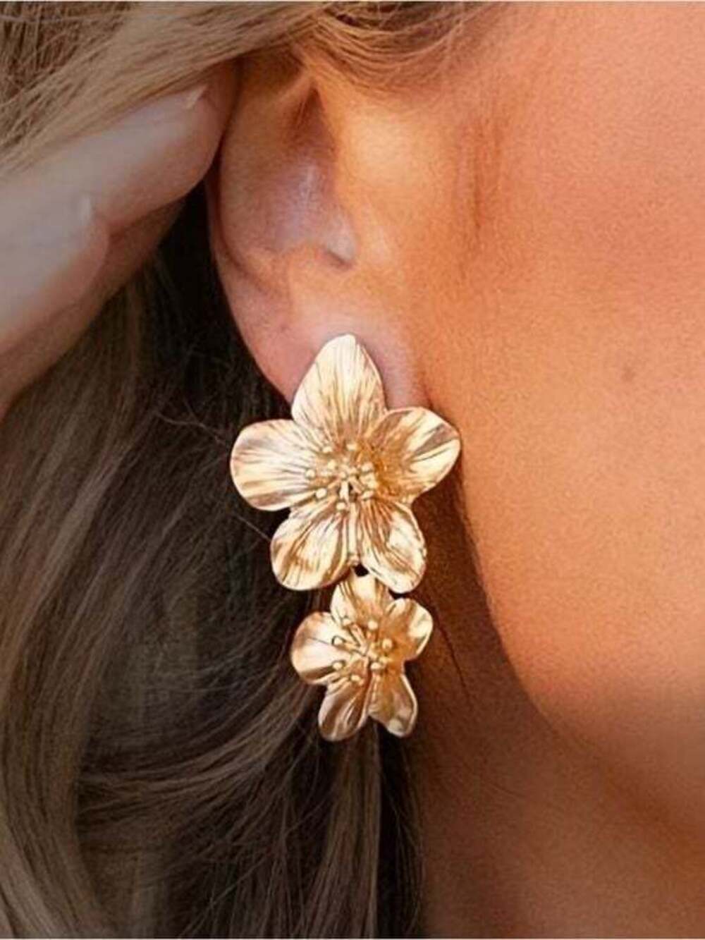 Gold Double Floral Drop Earrings - Women Jewelry